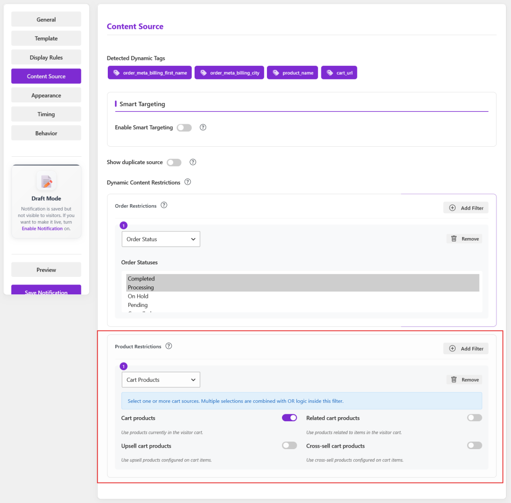 Notifal Cart Products content source settings