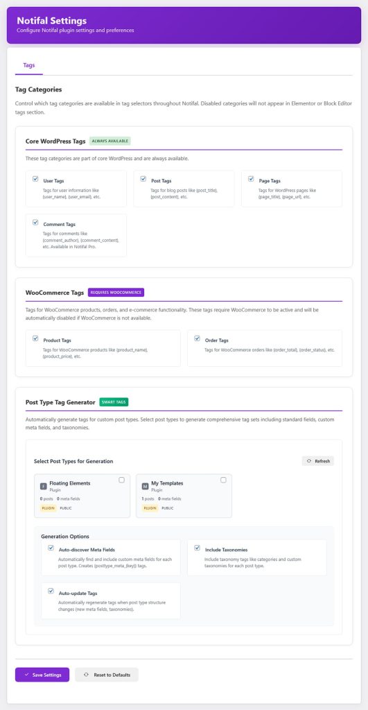 Notifal tags settings