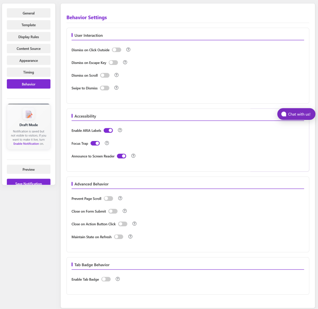 OnPage notification behaviour settings - Notifal