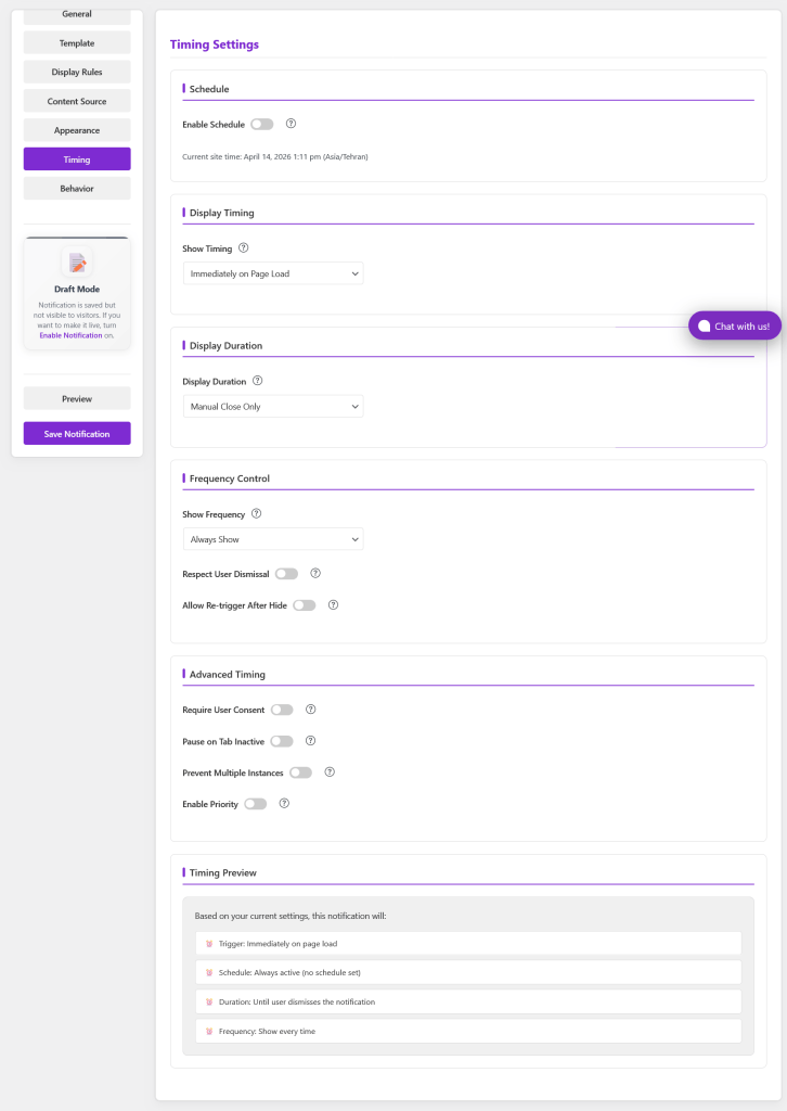 OnPage notification timing settings - Notifal