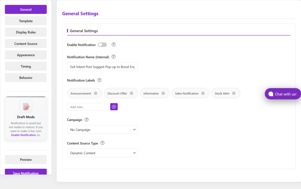 Onpage notifications-general settings - Notifal