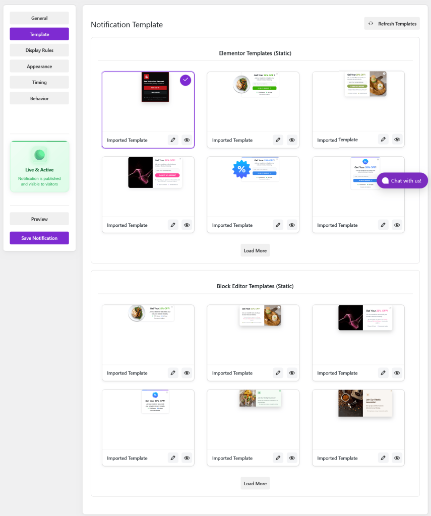 Onpage notification template settings - Notifal 