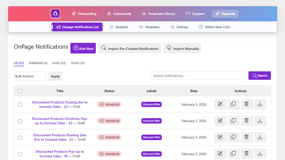 Notifal on-page notification list  