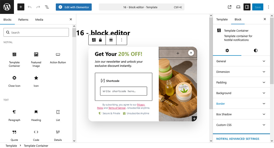 Block Editor as Template Builder in Notifal