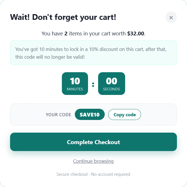 Cart Abandonment Popup with Countdown – 99