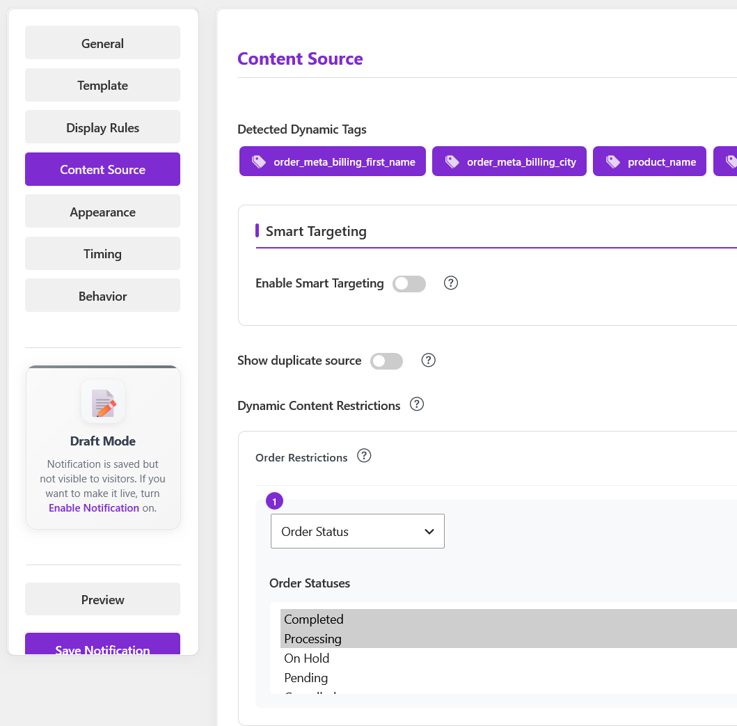 Notifal Cart Products content source settings