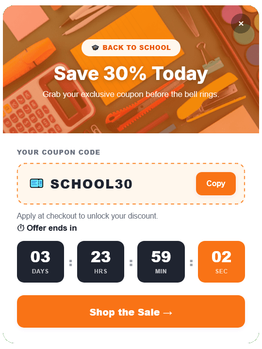 Discount Coupon Back to School Popup to Increase Sales – 108