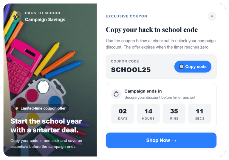 Discount Coupon Back to School Popup to Increase Sales – 111