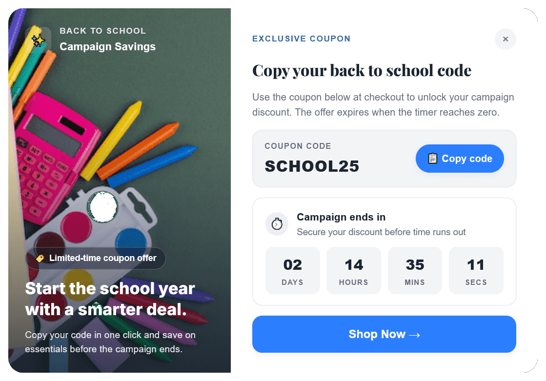 Discount Coupon Back to School Popup to Increase Sales – 111