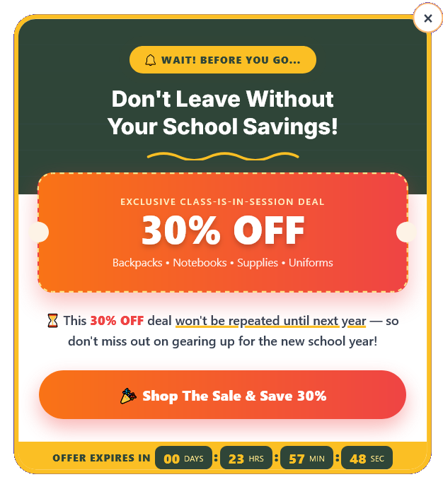 Campaign Exit Intent Back to School Popup to Increase Sales – 120