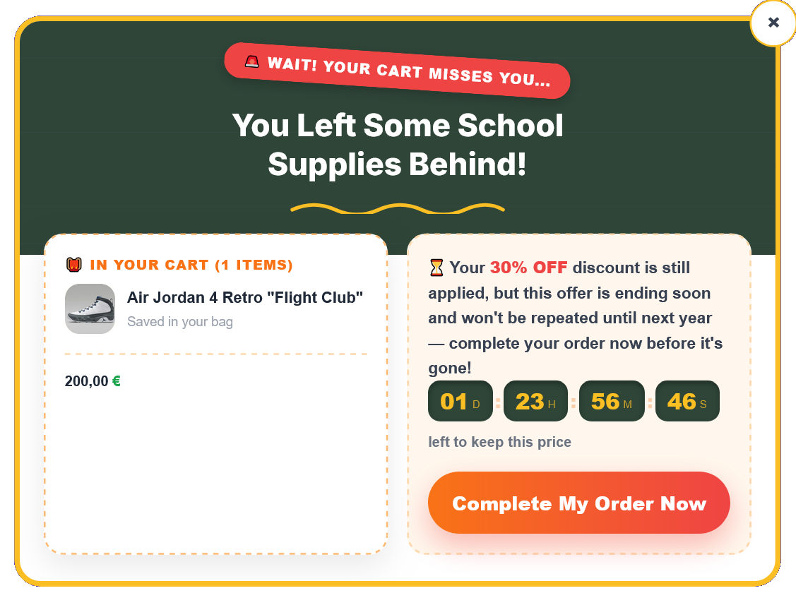 Cart Exit Intent Back to School Popup to Prevent Cart Abandonment – 121